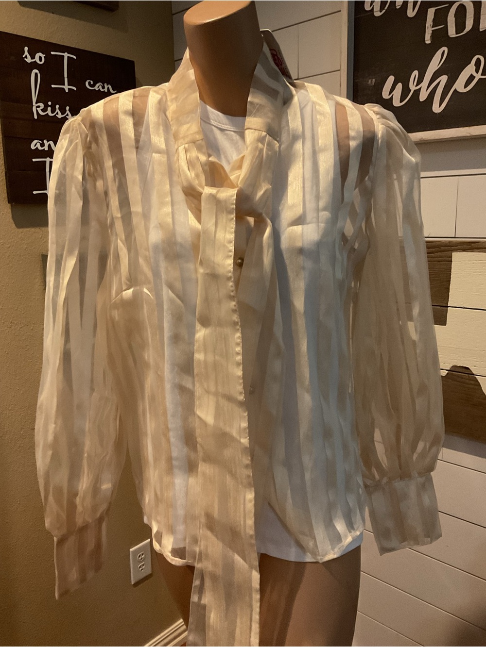 Howdy Hanny Cream Stripe Tie Bow Blouse Women’s Size Large NWT